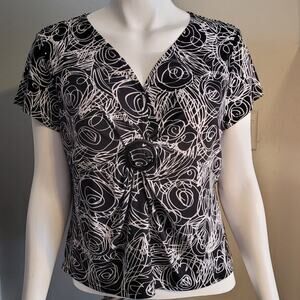 Laura Ashley Women’s Blouse Petite Large Black White Graphic Print O-Ring Top